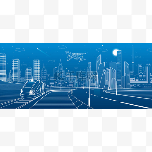 基础设施交通全景。火车。塔和摩天大楼。城市的场景，背景，工业建筑的现代化城市。白线，矢量设计艺术 图片