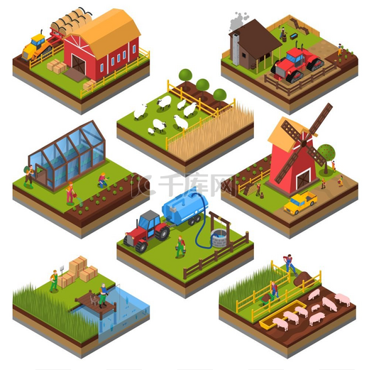 农业成分等轴测集农业组成等距集与农场建筑和车辆牲畜和渔业耕地隔离矢量图图片