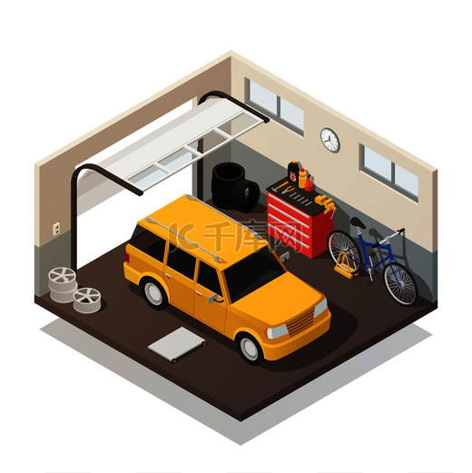 黄色旅行车和自行车在汽车维修和保养车库服务等距内部视图矢量图。图片