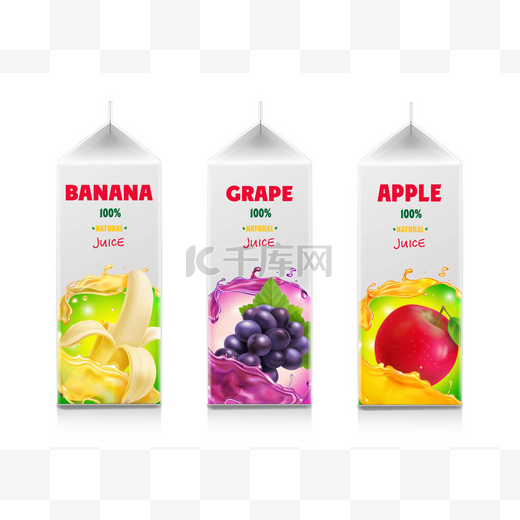 果汁套件设置。纸盒果汁现实的容器。香蕉、葡萄、苹果图片