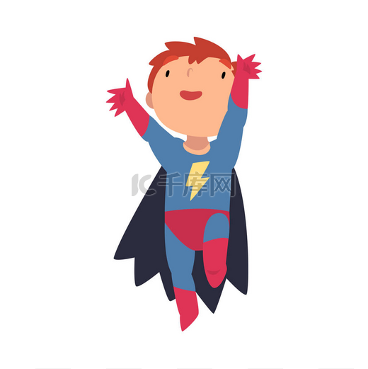 身着超级英雄服装的男孩高兴地跳着卡通人物插图图片