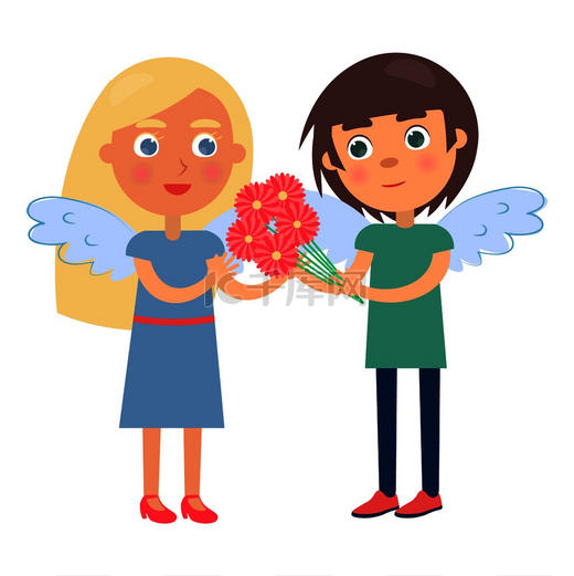 男孩和女孩背上有翅膀，男人送花给女人作为礼物，情人节概念中的矢量插图贺卡设计。图片