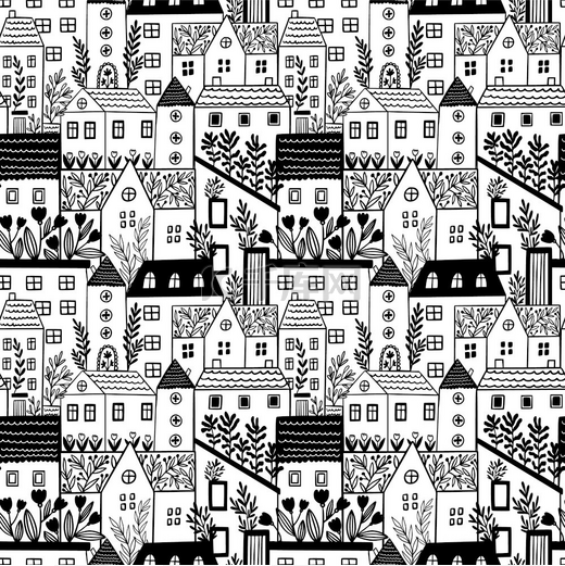 黑白城市模式涂鸦纹理可爱的复古小镇线条艺术建筑房地产住宅建筑有窗户和鲜花的房子矢量无缝城市背景黑白城市模式涂鸦纹理可爱的图片