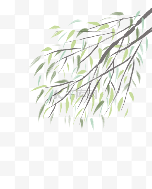 手绘绿色春天发芽新树枝条水彩风国画植物图片