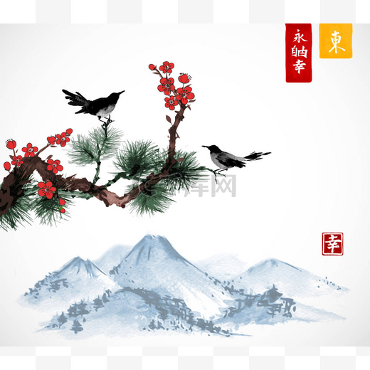 两只鸟在樱花和松树树枝上和远处的山上。传统的日本水墨画。包含象形文字-禅宗, 自由, 自然, 东方图片