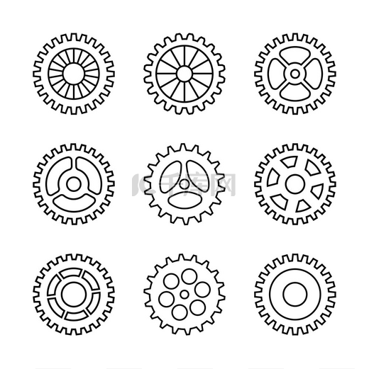 细线齿轮图标集细线齿轮图标设置在白色背景上矢量插图图片