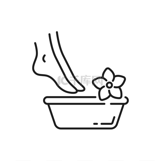 足疗女性脚在水疗碗中有水和花朵隔离的轮廓图标矢量女士腿部按摩足部护理化妆品赤脚女士和足浴指甲卫生程序足部护理足部和指甲护理足疗和水疗碗图片