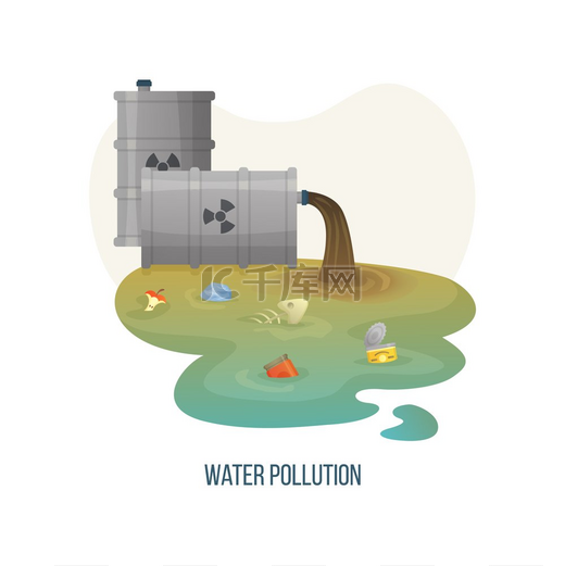 水污染媒介、带有垃圾和垃圾的脏色污染液体、有机废、漂浮在河流环境中的金属罐和罐子。图片