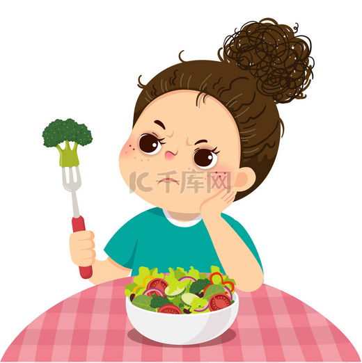 一个不快乐的女孩不愿吃新鲜蔬菜沙拉的病媒图解漫画.图片