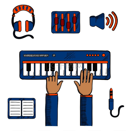 录音和音乐图标与人演奏电子键盘、耳机和音量滑块、扩音器、平板电脑或 MP3 播放器以及声音插孔或插头。图片