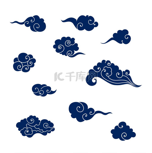 蓝色亚洲云彩的汇集。一套剪纸卡通云的传统中式风格。品牌装饰, 背景, 封面, 海报设计元素的矢量插图.图片
