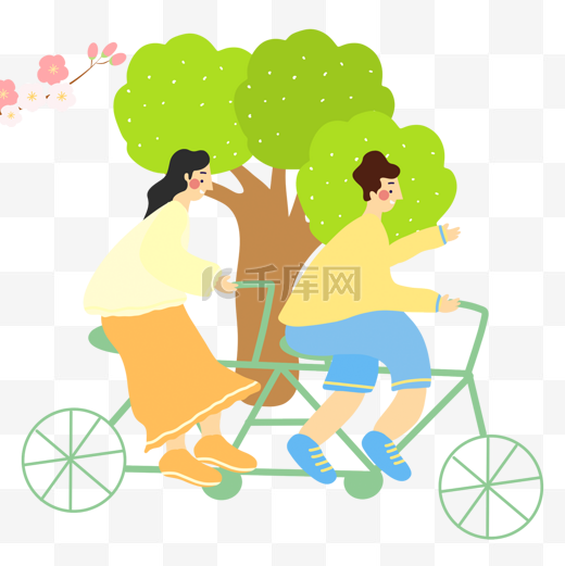 春季郊游插画骑双人自行车人物图片
