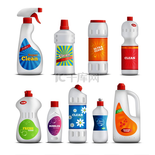 洗涤剂瓶的真实身份收集与品牌包装的家庭护理产品用于厕所浴室清洁矢量插图家用化学品套装图片