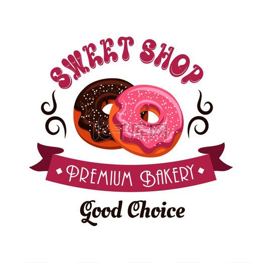 甜甜圈店复古卡通徽章搭配巧克力和粉红色磨砂甜甜圈，辅以复古丝带横幅、旋转线条和甜品店标题。图片