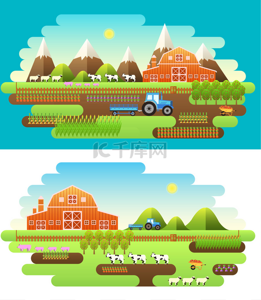 Flat farm in village set sprites and tile sets. instruments, flowers, vegetables, fruits, hay, farm building, animals, tractor, tools, clothing. Vector illustrations design background图片