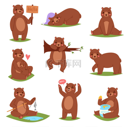熊矢量设置卡通动物的性格和可爱的棕色灰熊吃蜂蜜插图兽性套幼稚的 teddybear 玩或拥抱与她在白色背景孤立的熊图片