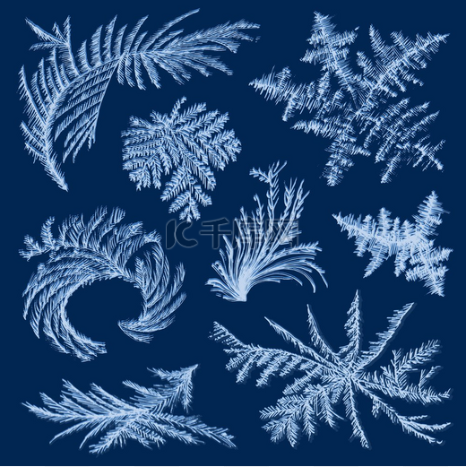 逼真的白霜霜冰套装带有各种形状矢量插图的冬季玻璃画的孤立图像图片