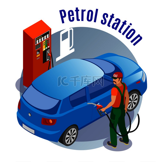 加油站用加油柱汽车加油员角色和文本矢量插图的图像填充等距背景汽车加油圈背景图片
