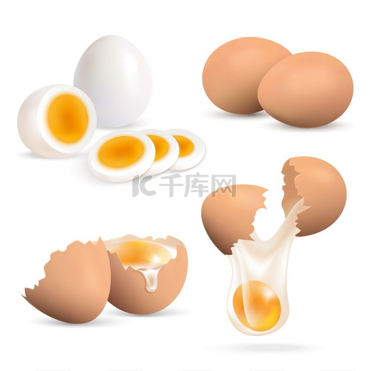 彩蛋真实场景煮熟的生鸡蛋在白色背景上隔离的逼真场景矢量插图图片