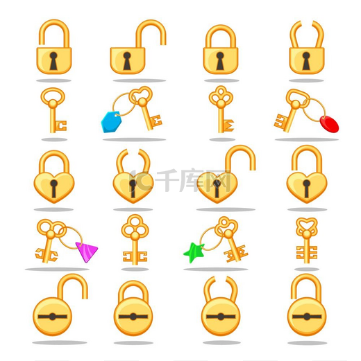 金色的锁和钥匙锁和钥匙矢量金挂锁和各种金钥匙用于在白色背景上隔离的锁定和解锁图标图片