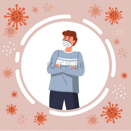 戴着医用防护面罩的男子在流感流行期间注意健康冠状病毒隔离的概念一个戴着白色口罩的年轻人在圆圈框中飞行的病毒颗粒的背景下戴着医用防护面罩的男子关注健康图片