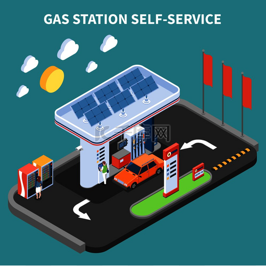 加油站自助服务与支付终端和自动售货机等距组合绿松石背景矢量图图片