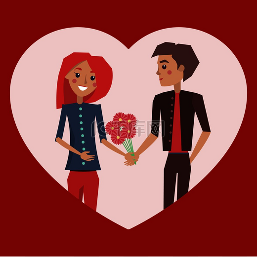 男人送花给女人，情侣眼中的爱，男友手中的花束系着领带，心形在矢量图上孤立。图片