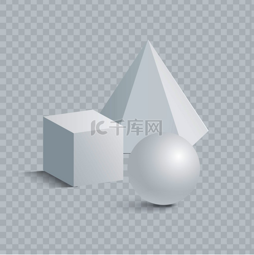 小立方体六角棱镜和球体3几何白色形状三维图形模板透明背景上的矢量插图小立方体六边形棱镜和球体3形状图片