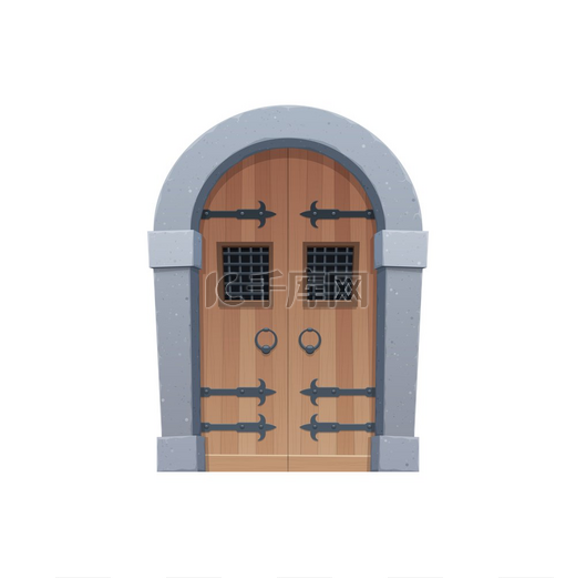 拱形中世纪卡通门或门孤立的童话入口孤立的图标木制和石头的矢量复古门弧形进入城堡或塔楼带有锻造元件的门口带有环形把手的老化门中世纪卡通大门童话入口图片