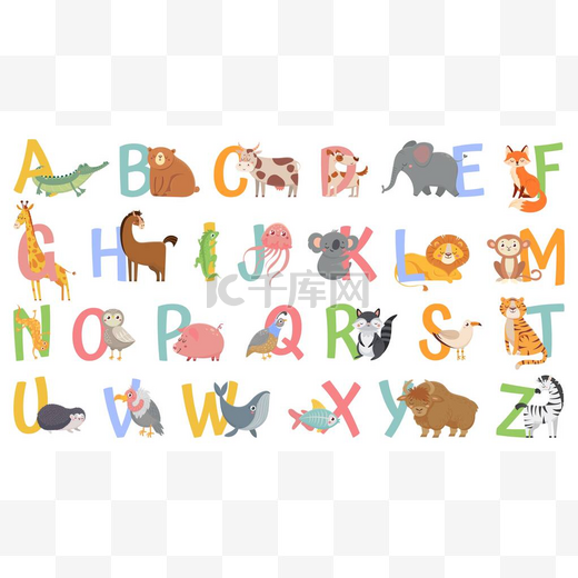 儿童的卡通动物字母表。 学习字母与有趣的动物，动物园Abc和英语字母表的孩子矢量插图图片