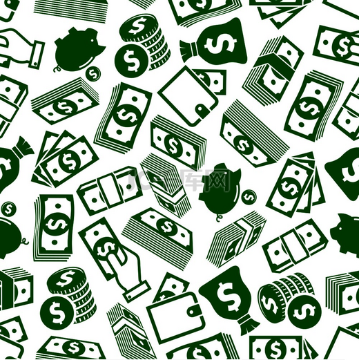 财富和商业成功主题的金钱和金融储蓄背景图案设计与无缝的绿色和白色轮廓的美元钞票和硬币堆、钱包和有钱的手、存钱罐和钱袋。图片