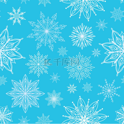 雪花无缝图案用于礼品包装纸和贺卡的寒假庆祝印花冰冻的雪花纹理蓝色背景上的白色元素圣诞假期矢量装饰雪花无缝图案寒假庆祝活动图片