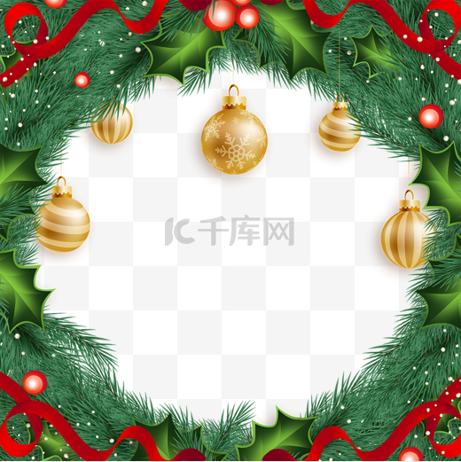 金色铃铛挂件红色丝带装饰圣诞冬青边框图片