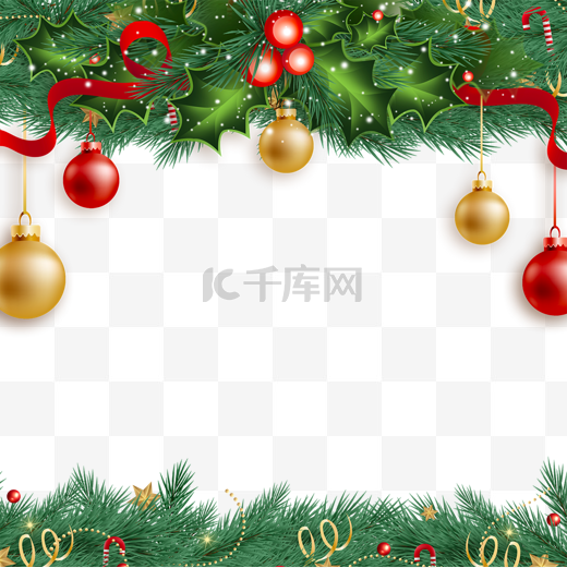 圣诞节绿叶圆球边框标签装饰图片