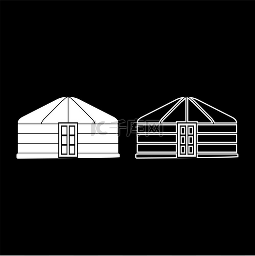 游牧民族的蒙古包便携式框架住宅与门蒙古帐篷覆盖建筑图标轮廓设置白色矢量插图平面样式简单图像图片