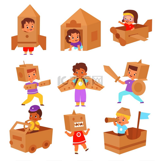 儿童纸板箱卡通儿童角色制作了不同的纸板制品有飞行员的飞机房子和船想象力的发展男孩和女孩在手工制作的服装矢量隔离场景中儿童纸板箱卡通儿童角色制作图片