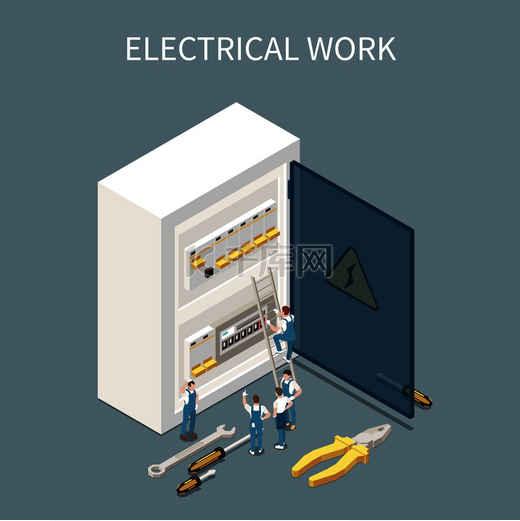 电力等距组合与配电箱配电盘的概念图像和工人矢量插图的小字符图片