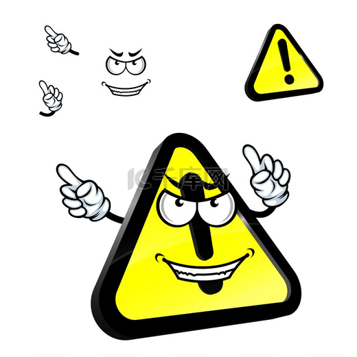 带有黑色边框的黄色三角形上带有感叹号的危险警告注意标志卡通人物，手指远离。图片