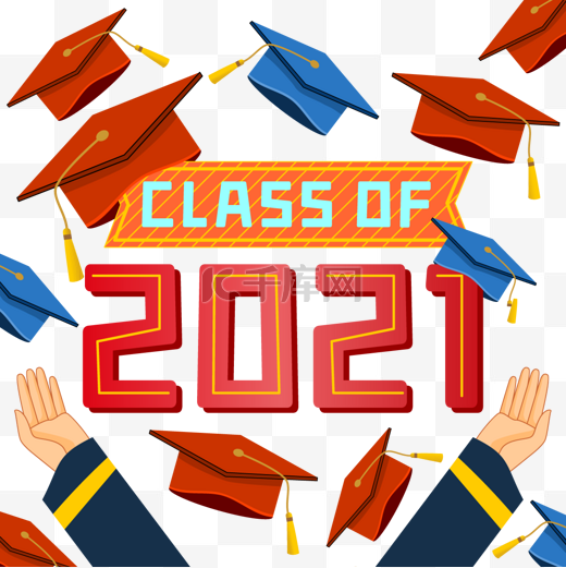 2021毕业边框红色和蓝色毕业帽图片