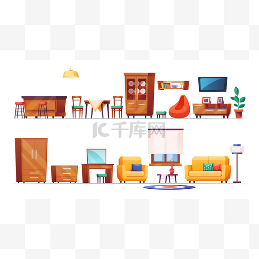 客厅家具卡通片。家居装饰家具,舒适的客厅和厨房.木制衣柜，有窗帘的窗户，扶手椅，枕头，沙发，吧台，书架，灯具.图片