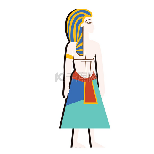 古埃及壁画艺术或壁画元素的卡通载体带有埃及文化符号的古代纪念画法老雕像戴着蓝黄色复仇女神帽的人头饰孤立在白色背景上古埃及墙壁艺术或壁画卡通矢量图片