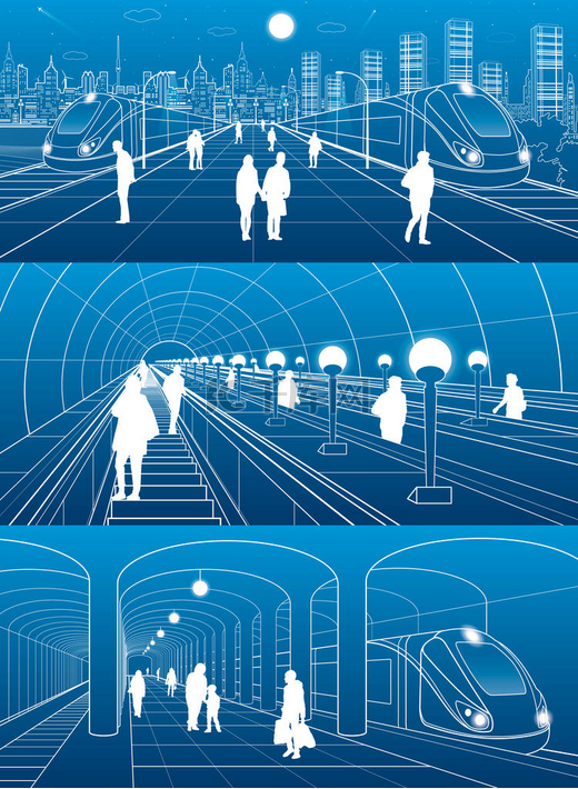 地铁站，人走，火车移动。基础设施和运输的插图集。挖掘机、 城市风貌，在蓝色背景上的白色线条矢量设计艺术图片