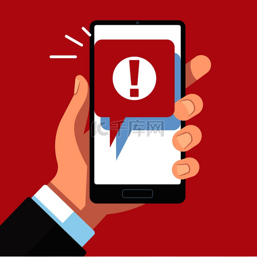 警报消息移动通知手持智能手机带有感叹号手机屏幕上的病毒通知矢量红色错误或垃圾邮件设备预防概念警报消息移动通知带感叹号的手持智能手机图片