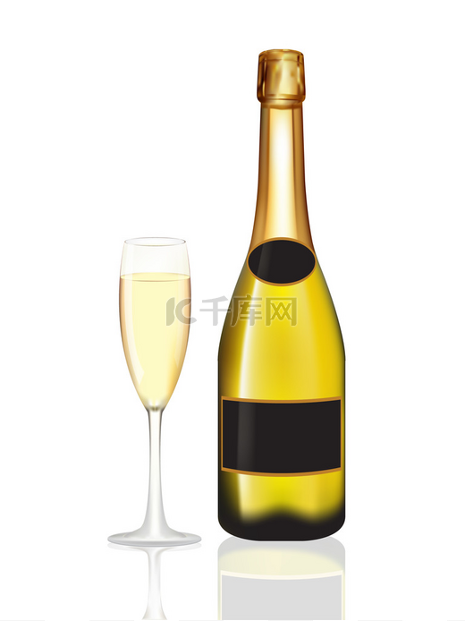 黄色瓶香槟和白色衬底上的香槟杯图片