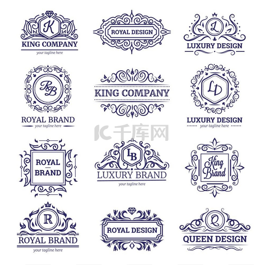 豪华标签单色套装一套带有奢华设计的单色标签包括花押字小插曲皇冠和钻石独立矢量插图图片