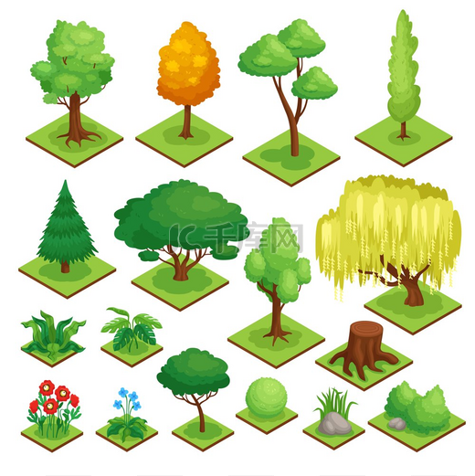 带有植物和树木的公园元素集等轴测孤立矢量插图图片