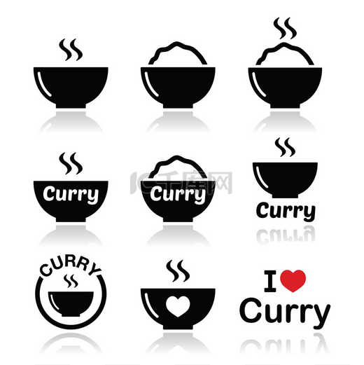 咖喱，印度辛辣食物图标集图片