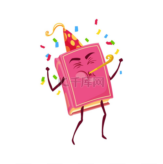 粉红色的书在精装版庆祝生日派对上戴着圆锥形帽子孤立的教科书卡通人物矢量小说或杂志日记或笔记本表情符号表情符号小册子象征着智慧教育图书卡通人物庆祝生日派对图片