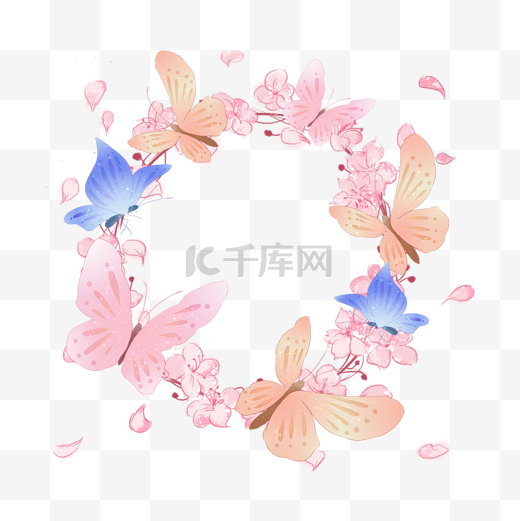 春季花卉水彩晕染蝴蝶花环图片