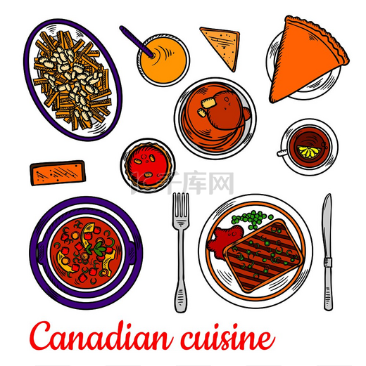 传统的加拿大布丁色素描符号配烤泥炭培根炖鸡肉配饺子枫糖浆煎饼红丝绒纸杯蛋糕和红茶和橙汁糖派加拿大美食晚餐包括甜点和图片